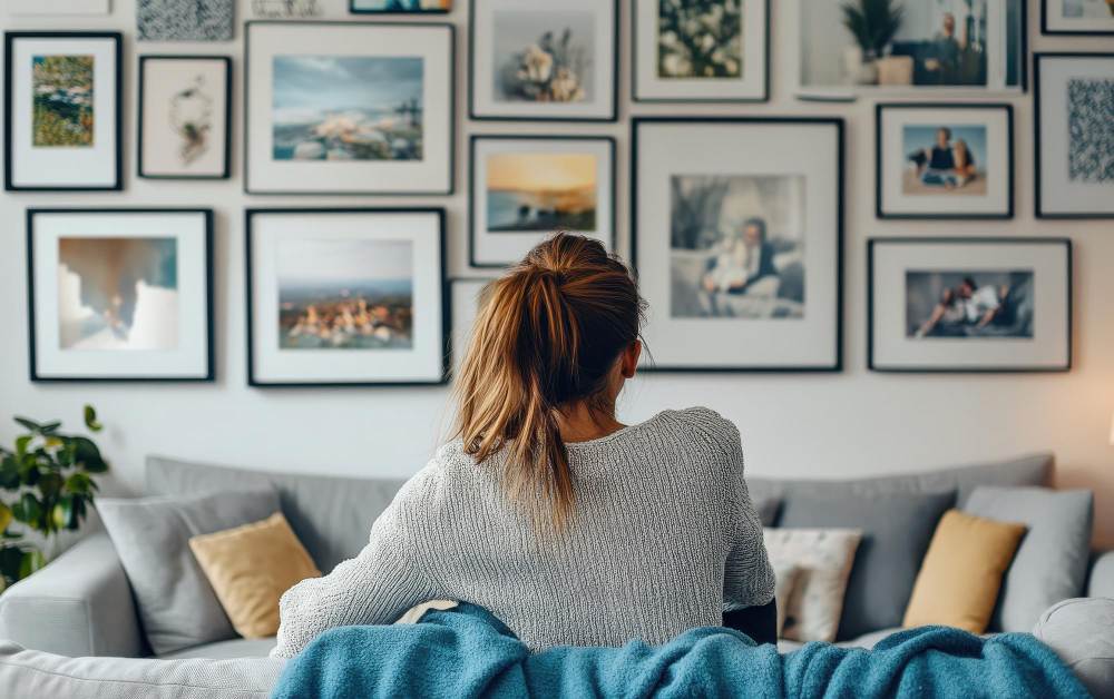 zena sedi u dnevnom boravku okrenuta ka fotografijama na zidu